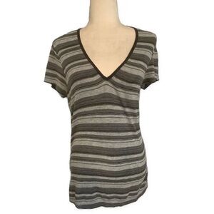 Double Fault USA Vintage Gray Black Striped V Neck Knit T Shirt Top Medium